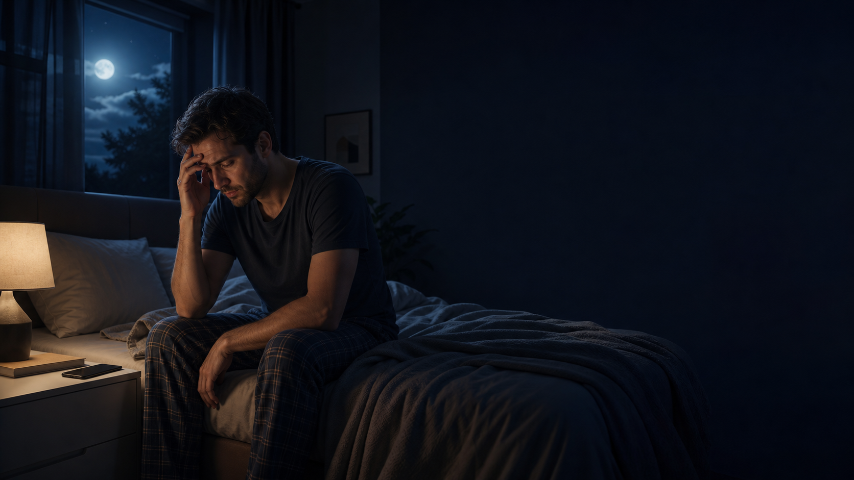 A tired person awake at night in a quiet bedroom
